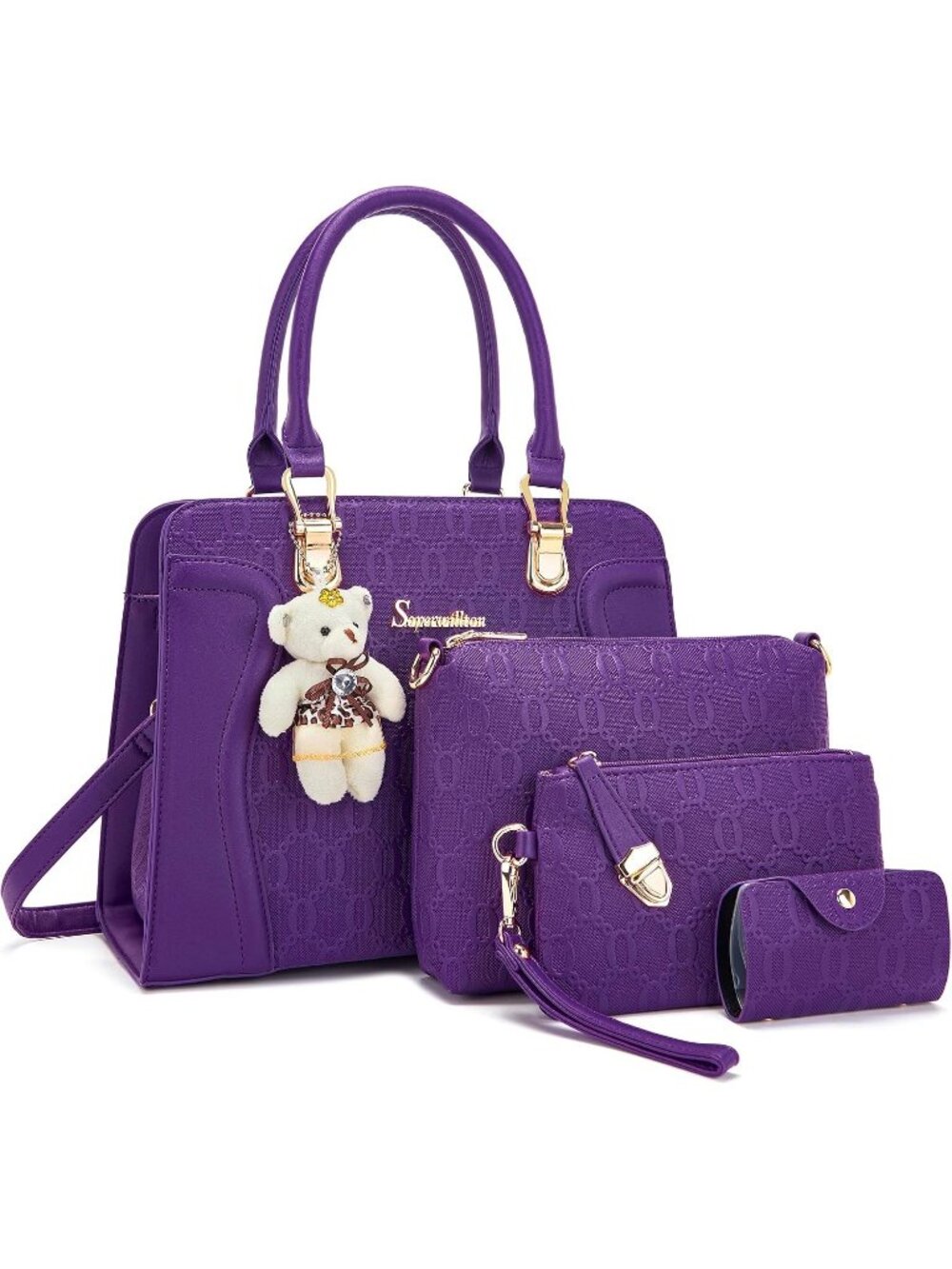 Women's Purple 4Pc Handbag Set Tote Shoulder Satchel Purse with Bear Charm